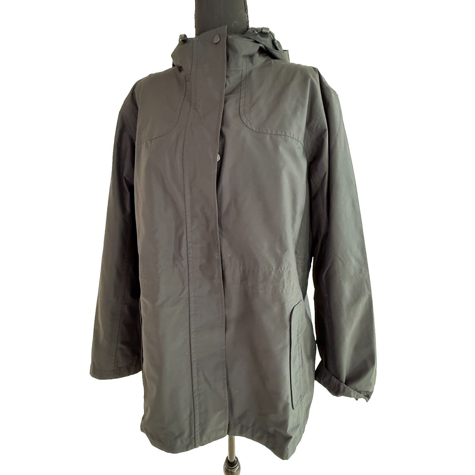 LL Bean Trench Rain Coat Hooded Removable Wool Liner Black Wm’s XL Petite