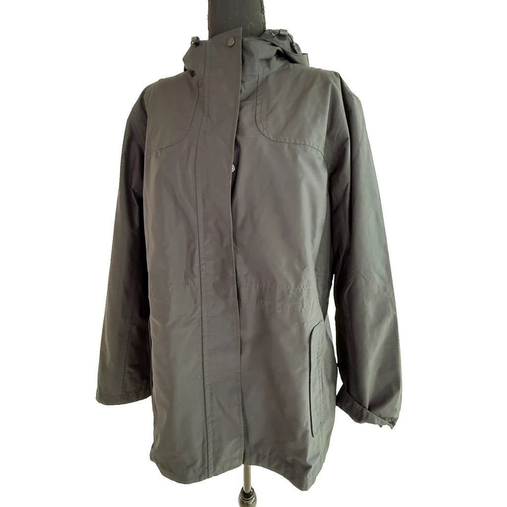 LL Bean Long Trench Rain Coat Hooded Removable Wool Liner Black Size XL