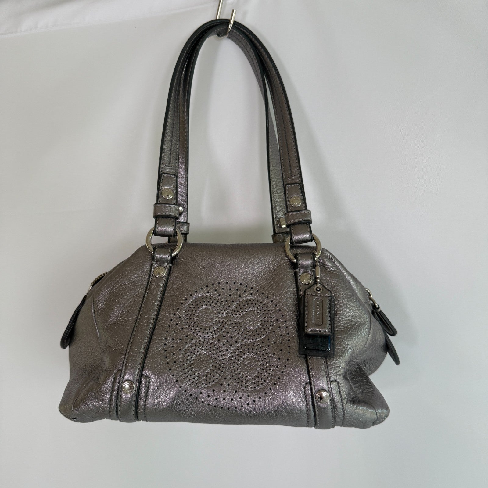 Coach Gunmetal Grey Metallic Pebble Leather Small Shoulder Bag