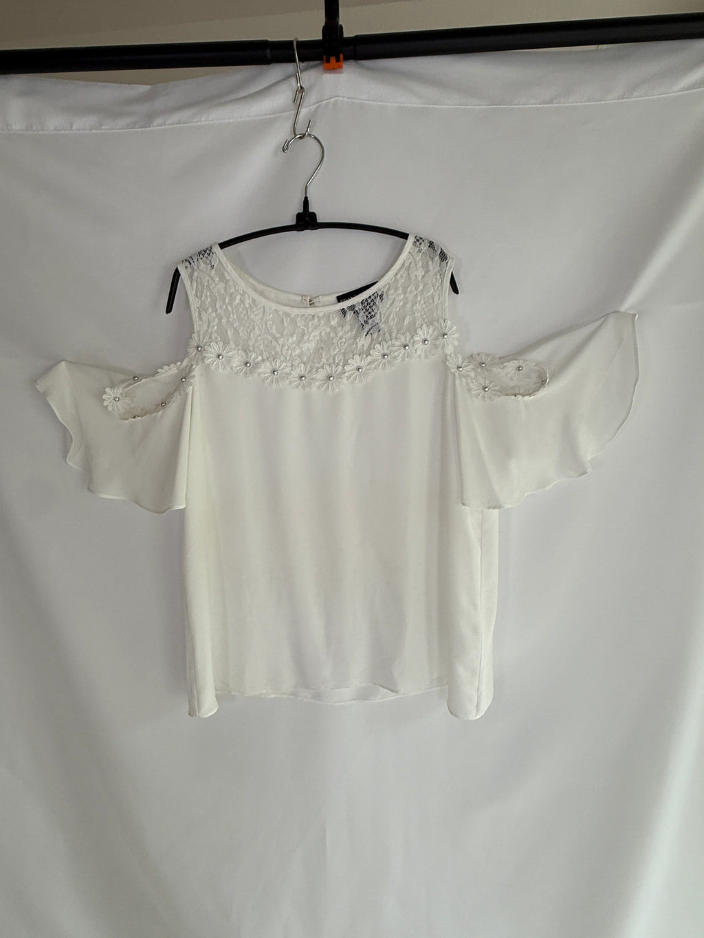 Joseph Ribkoff White Off Shoulder Blouse with Flower and Rhinestone Embellishmen