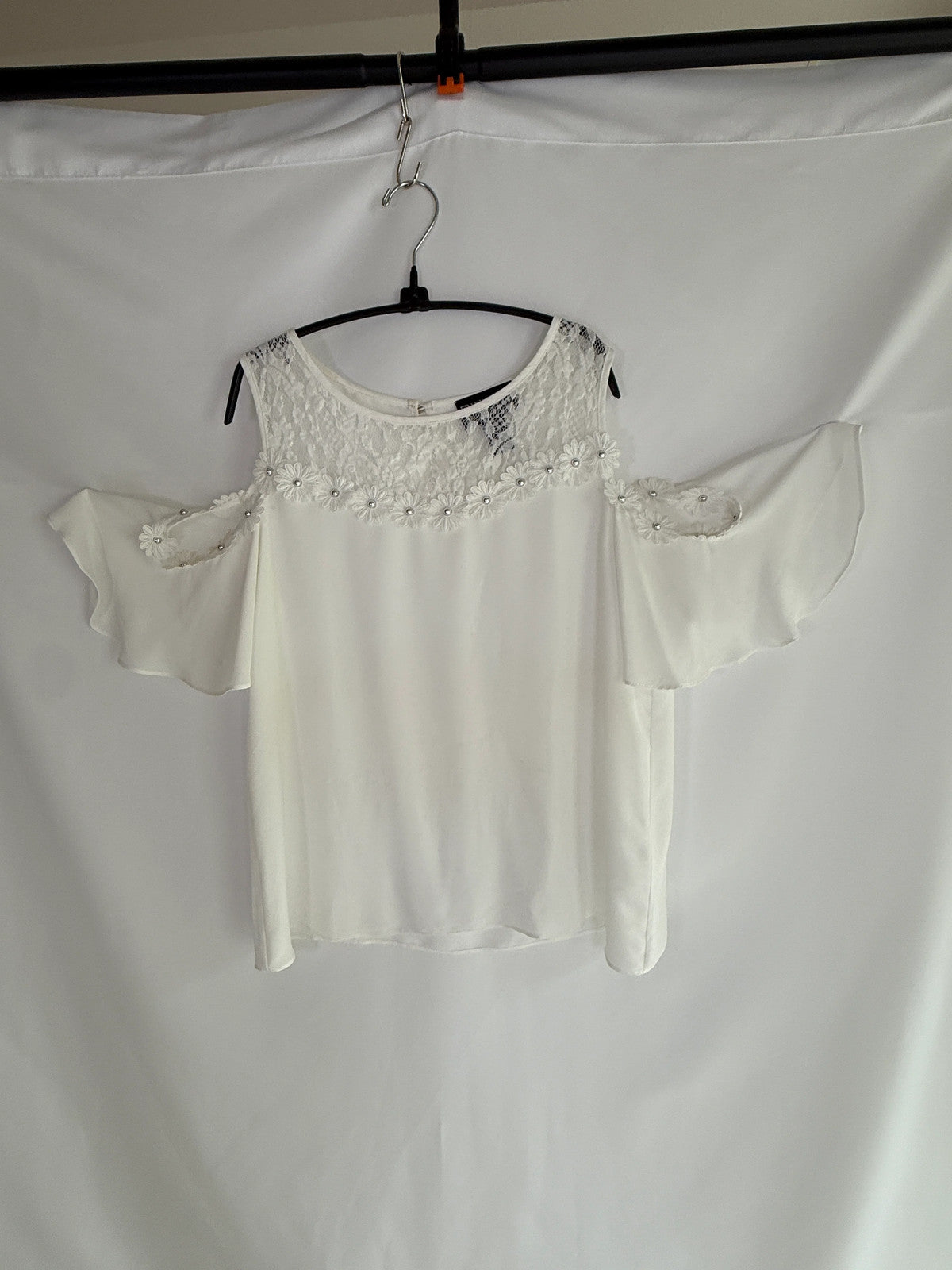 Joseph Ribkoff White Off Shoulder Blouse with Flower and Rhinestone Embellishmen