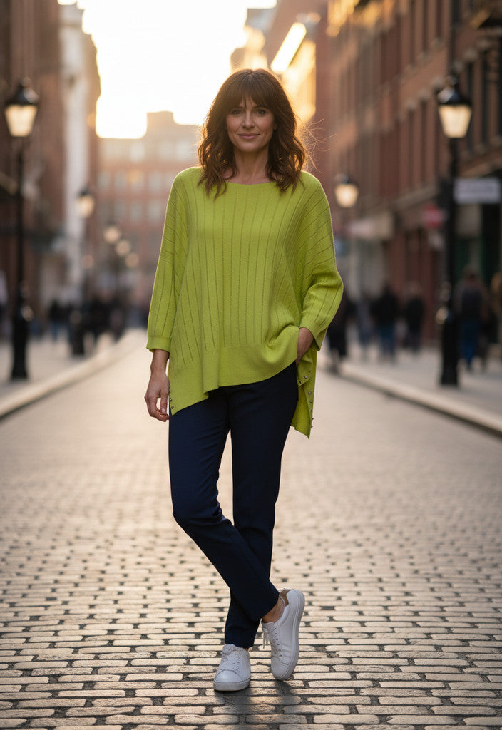 Joseph Ribkoff Lime Green Knit Sweater with Side Slits Size L