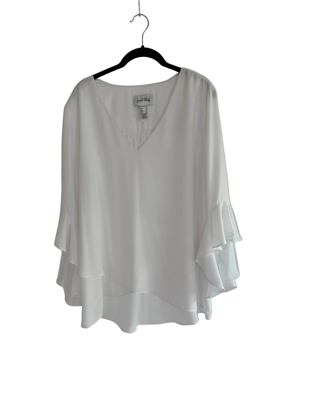 Joseph Ribkoff white chiffon with ruffled sleeves and asymetric hem tunic.