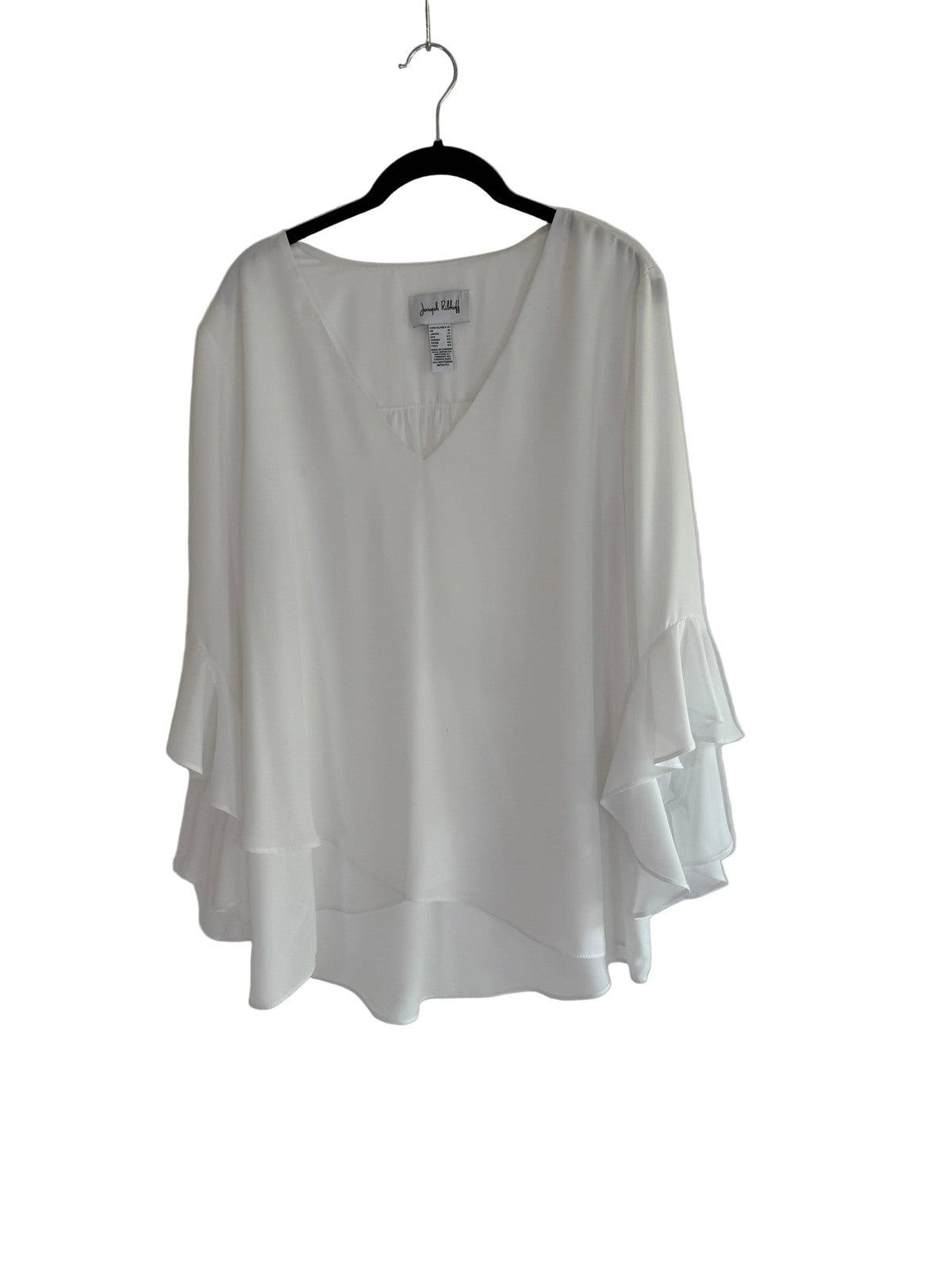 Joseph Ribkoff white chiffon with ruffled sleeves and asymetric hem tunic.