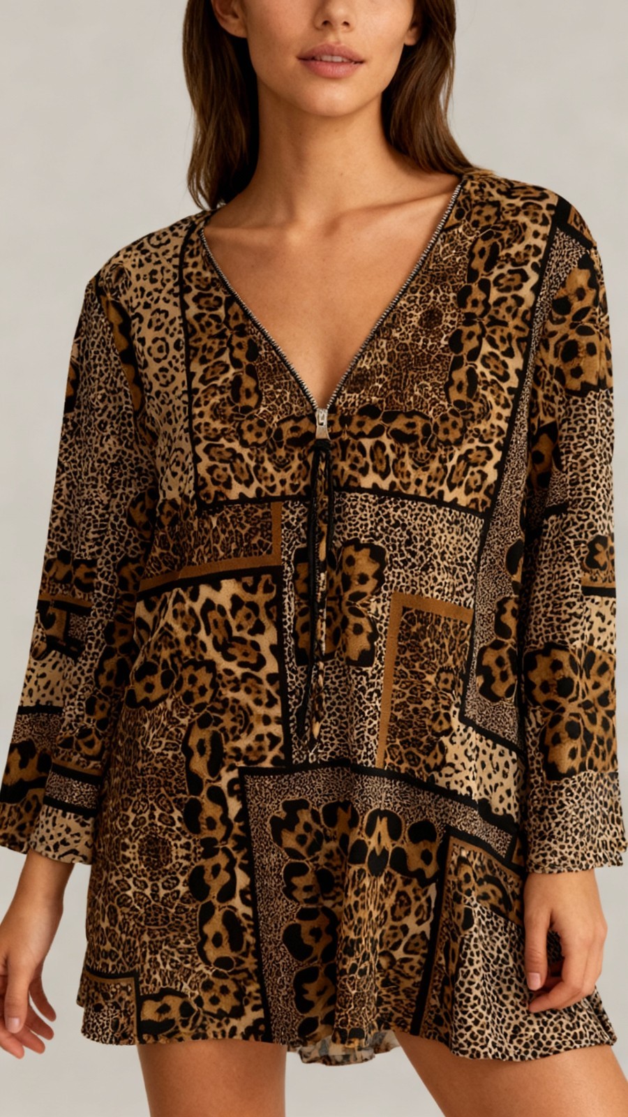 Joseph Ribkoff Abstract Animal Print Half Zip Open Back Hem Travel Tunic Sz. 14