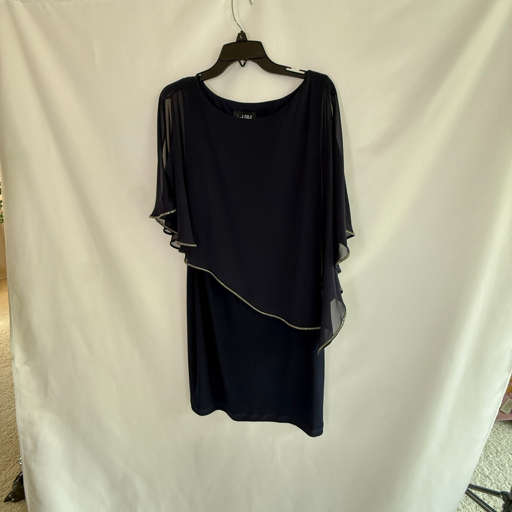 Joseph Ribkoff Navy Silky Knit Sheath Asymetrical Overlay Cocktail Dress Size 12
