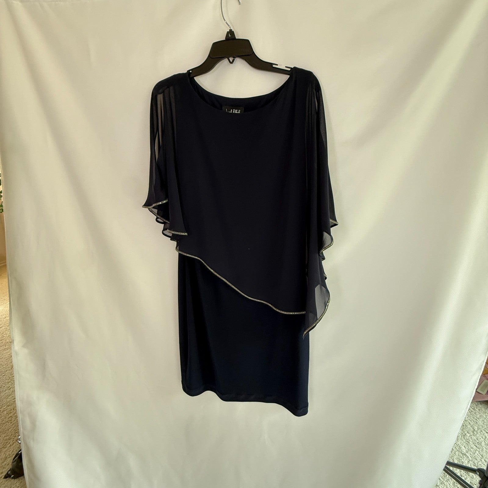 Joseph Ribkoff Navy Silky Knit Sheath Asymetrical Overlay Cocktail Dress Size 12