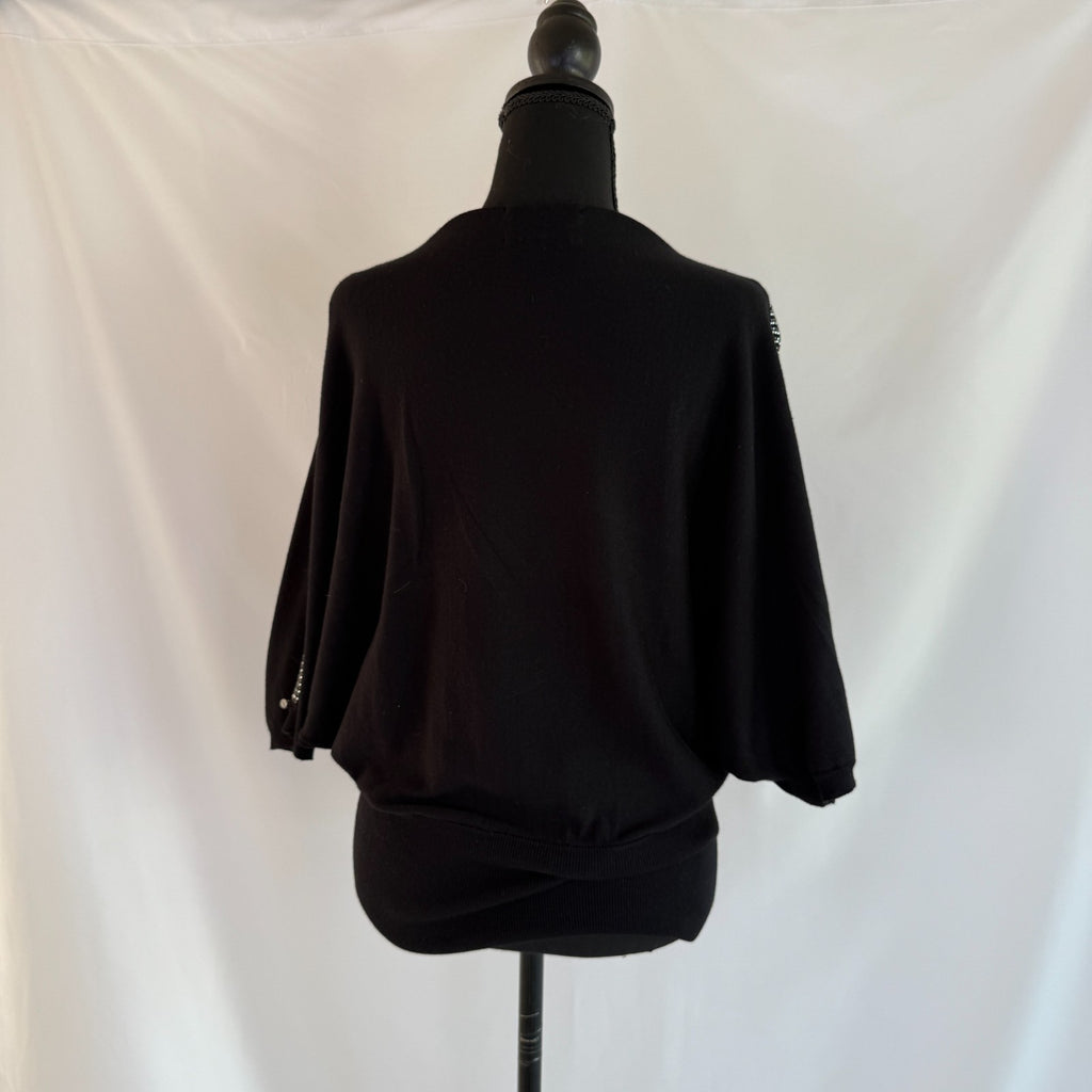 Frank Lyman Black Sweater with Cinched Waist and Silver Embellishments Size L