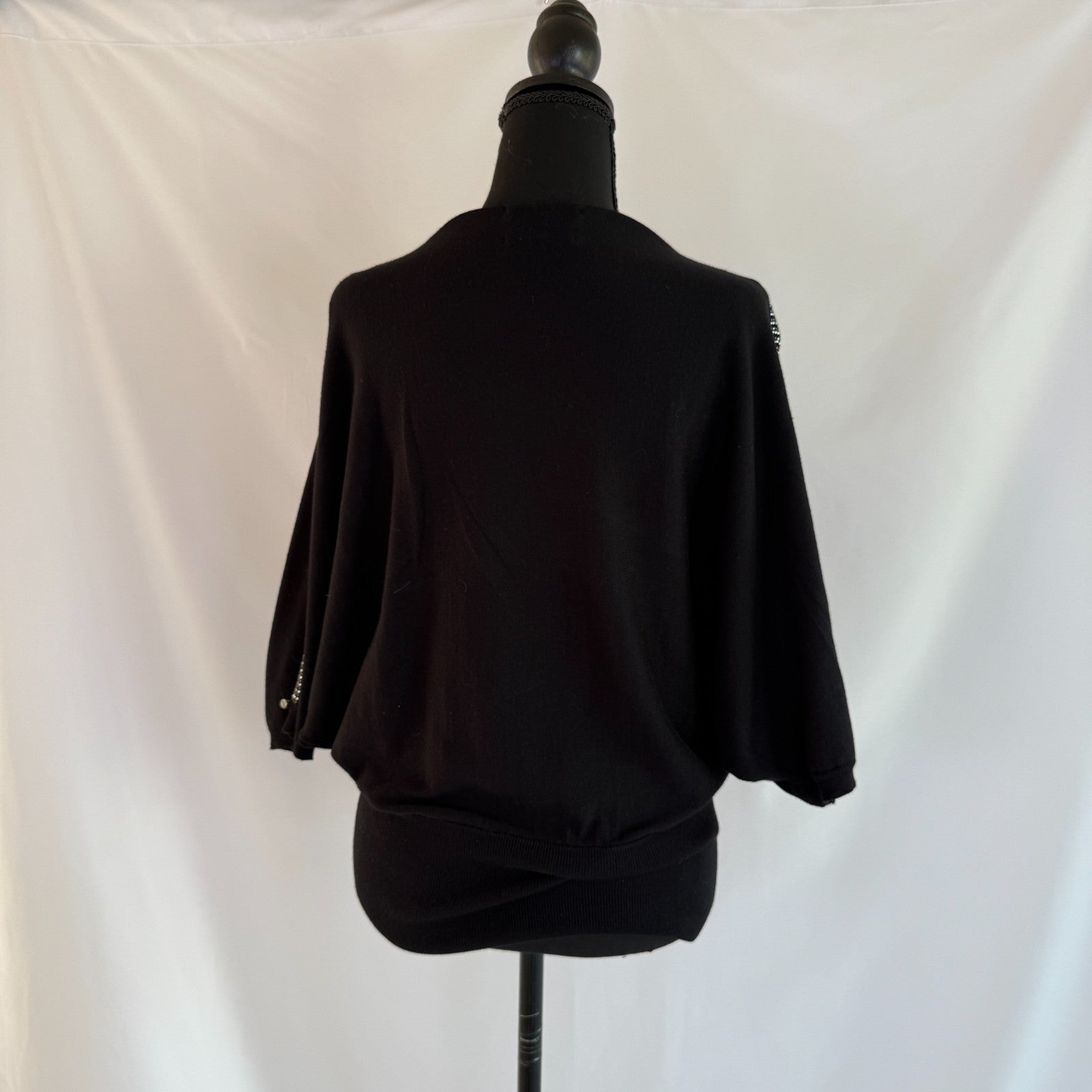 Frank Lyman Black Sweater with Cinched Waist and Silver Embellishments Size L
