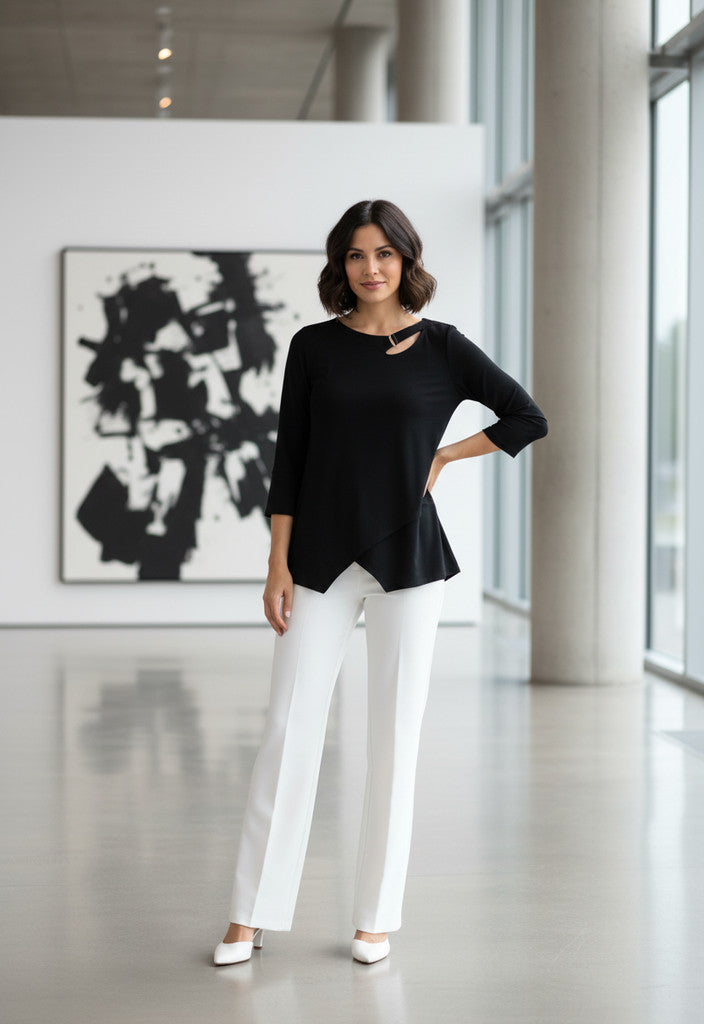 Joseph Ribkoff Black Keyhole Neckline Bell Sleeve Top Style 233081 Size 14