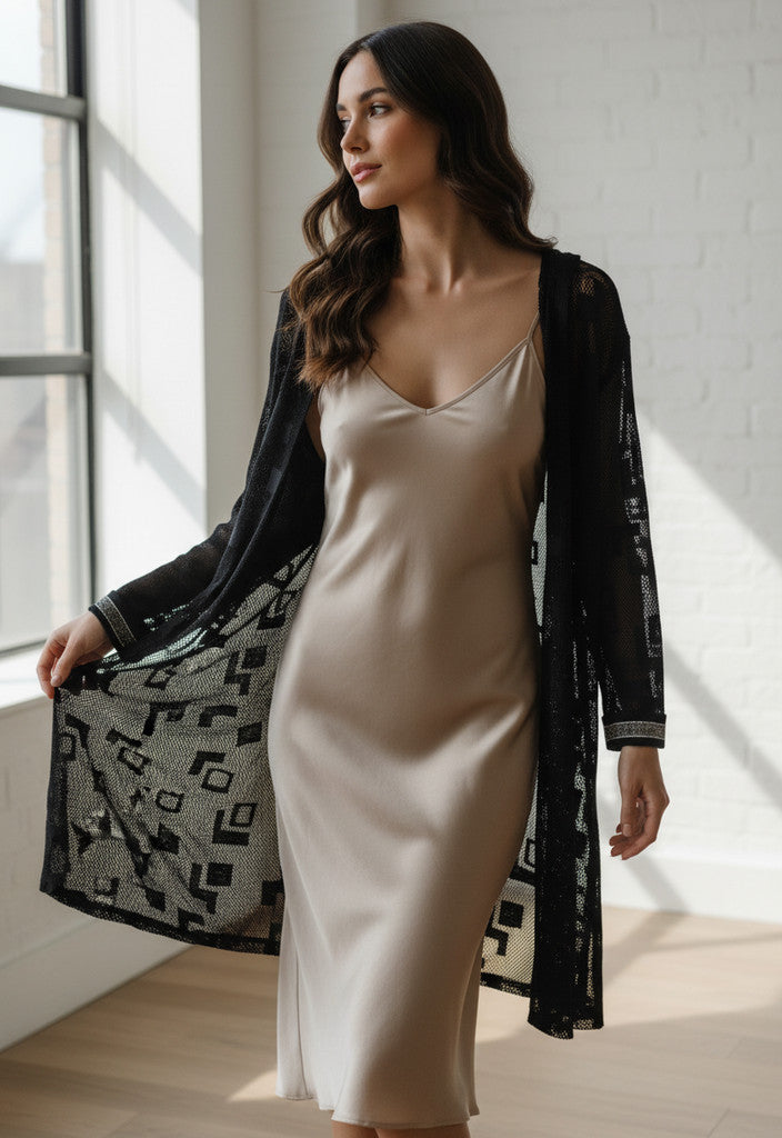 Frank Lyman Sheer Knit Wrap Black with silver embellishment Size 14