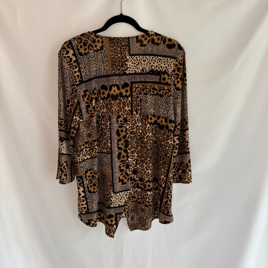 Joseph Ribkoff Abstract Animal Print Half Zip Open Back Hem Travel Tunic Sz. 14