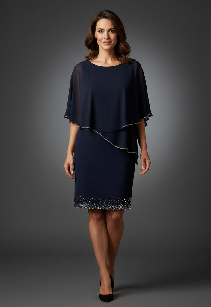 Joseph Ribkoff Navy Silky Knit Sheath Asymetrical Overlay Cocktail Dress Size 12