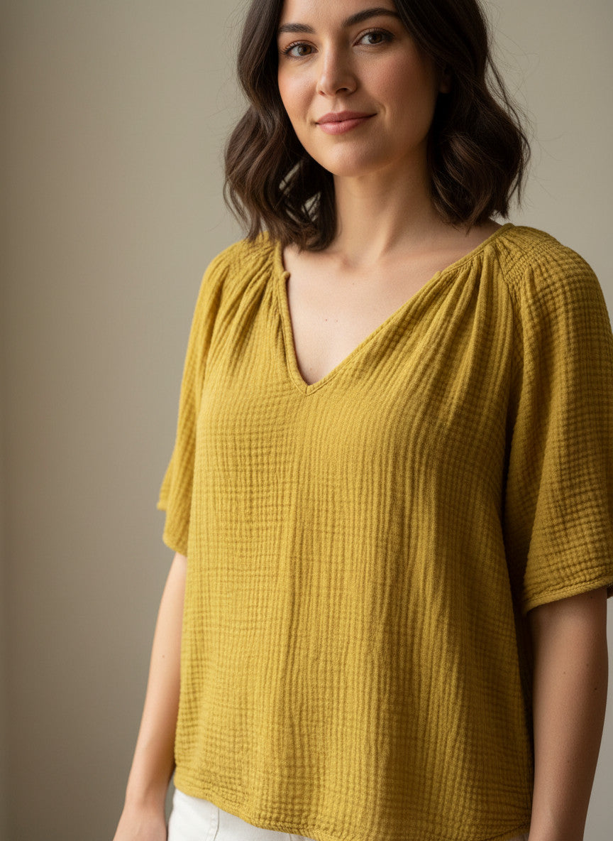 Velvet by Graham and Spencer Gold Gauze V-Neck Tee Size L