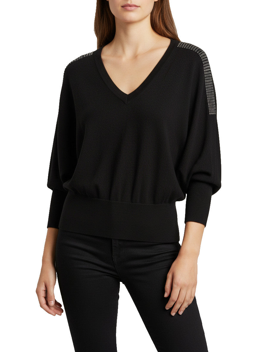 Frank Lyman Black Sweater with Cinched Waist and Silver Embellishments Size L