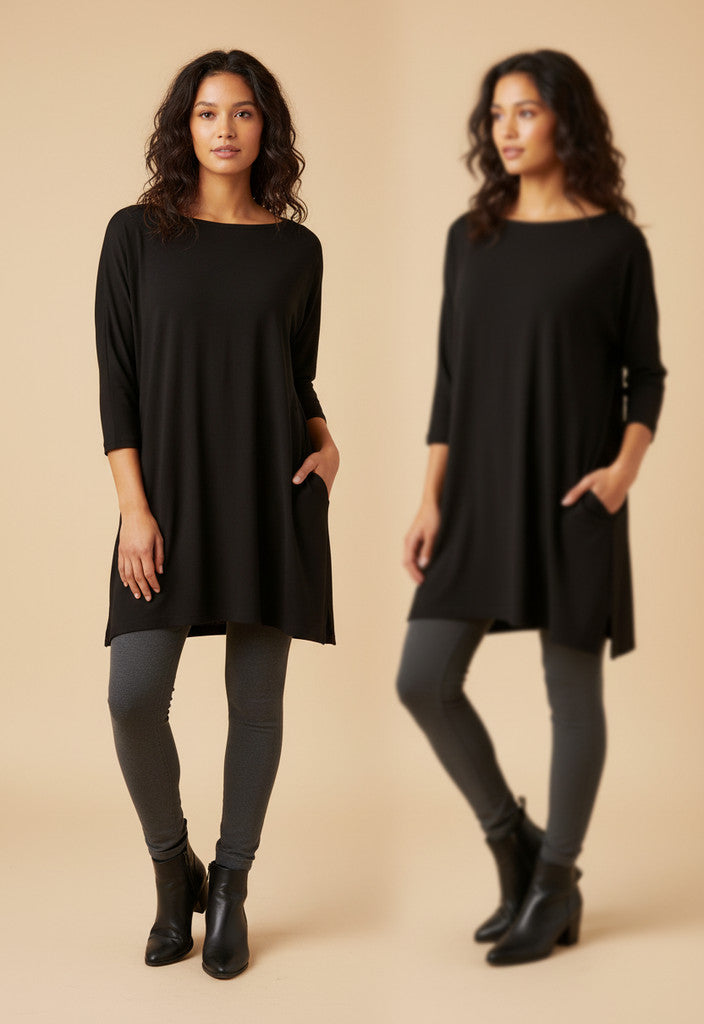 Sympli Black Stretch Jersey Classic Round Neck 3/4 Sleeve Split Hem Tunic Top 14