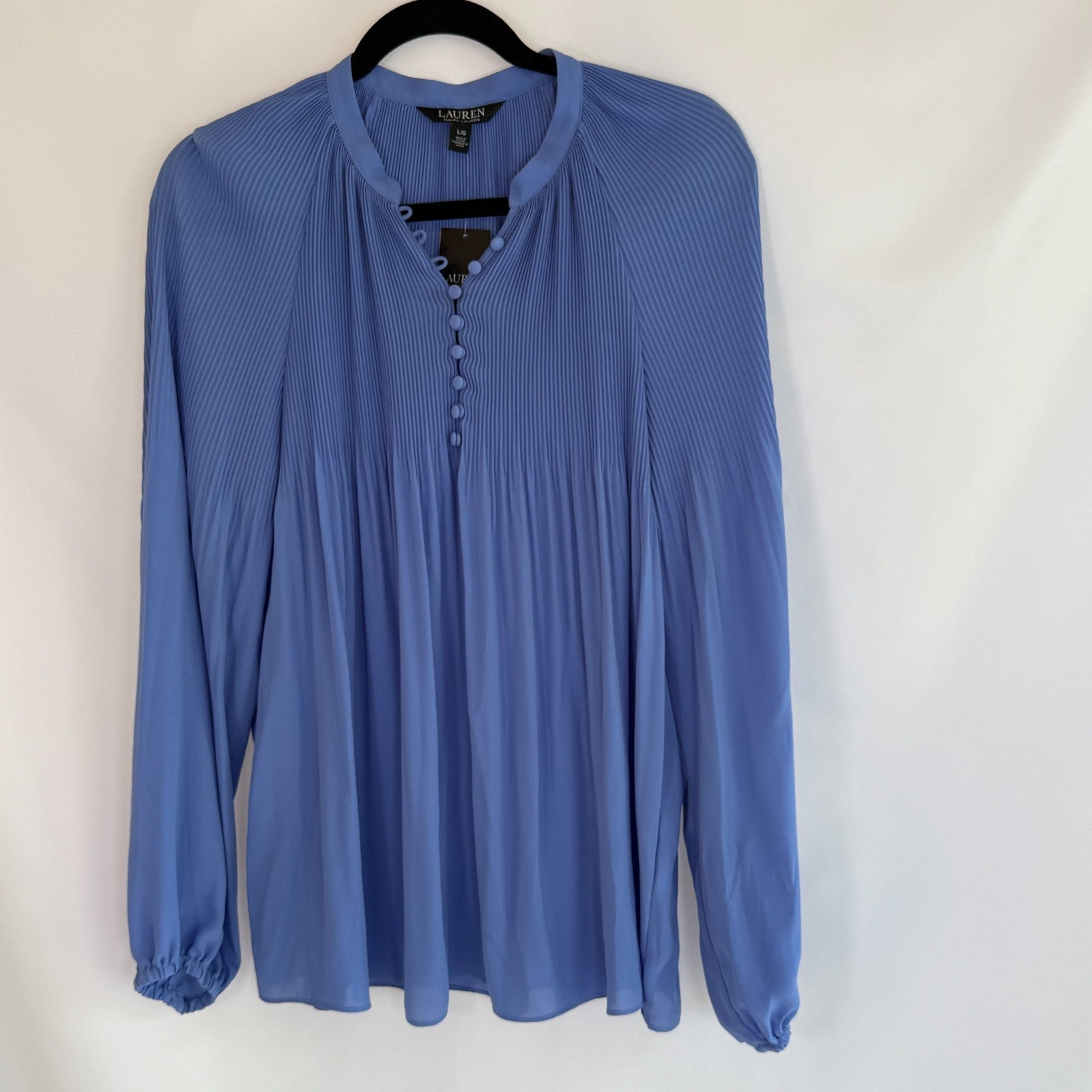 Lauren Ralph Lauren Blue Loch Blouse w/ Pleated Accents & Button-Up Front, NWT!