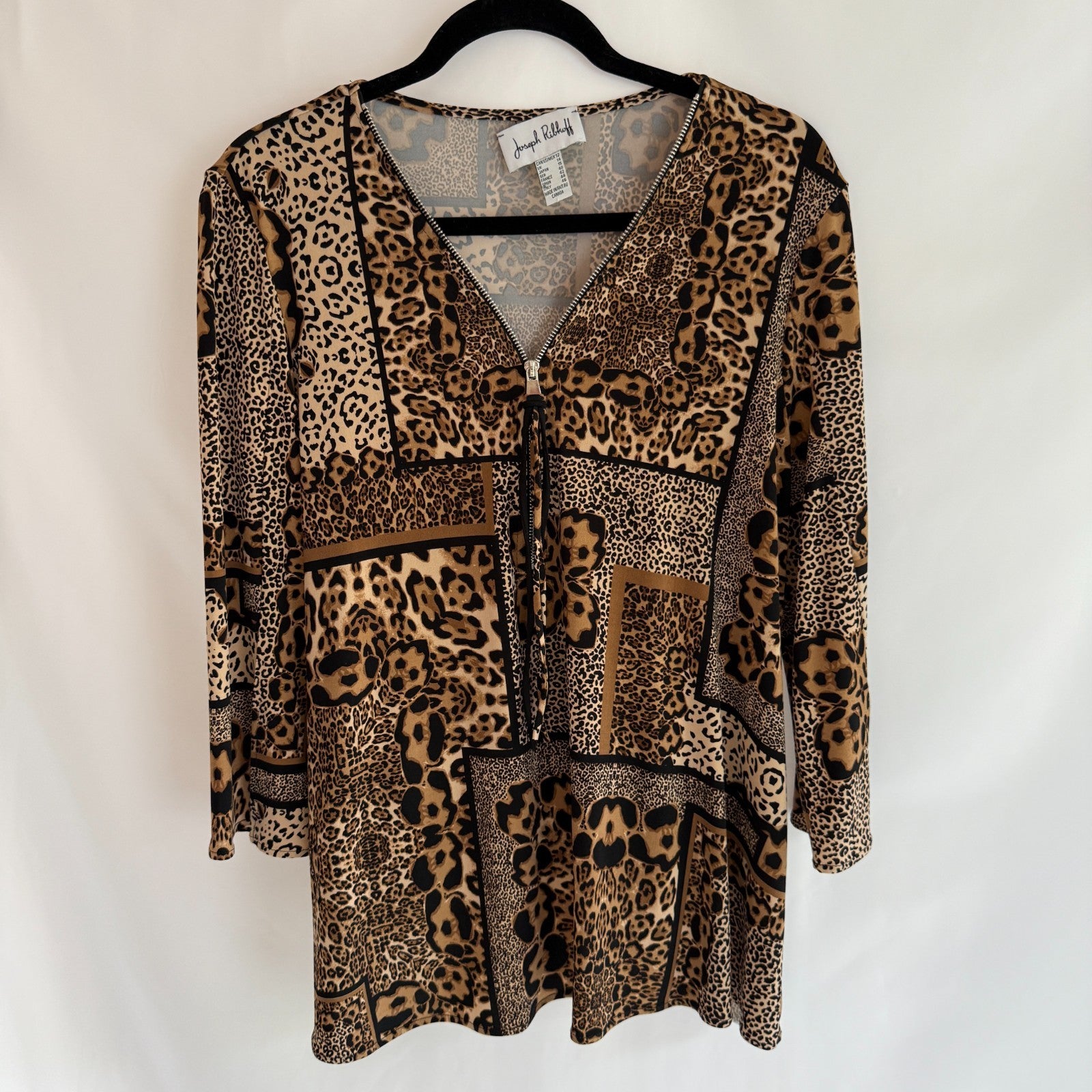 Joseph Ribkoff Abstract Animal Print Half Zip Open Back Hem Travel Tunic Sz. 14