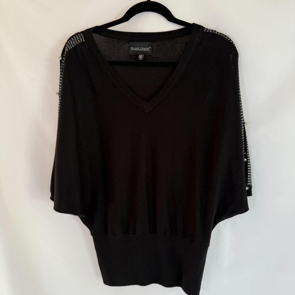 Frank Lyman Black Sweater with Cinched Waist and Silver Embellishments Size L