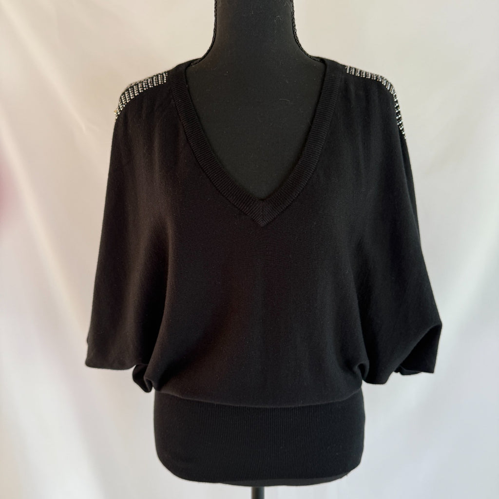 Frank Lyman Black Sweater with Cinched Waist and Silver Embellishments Size L