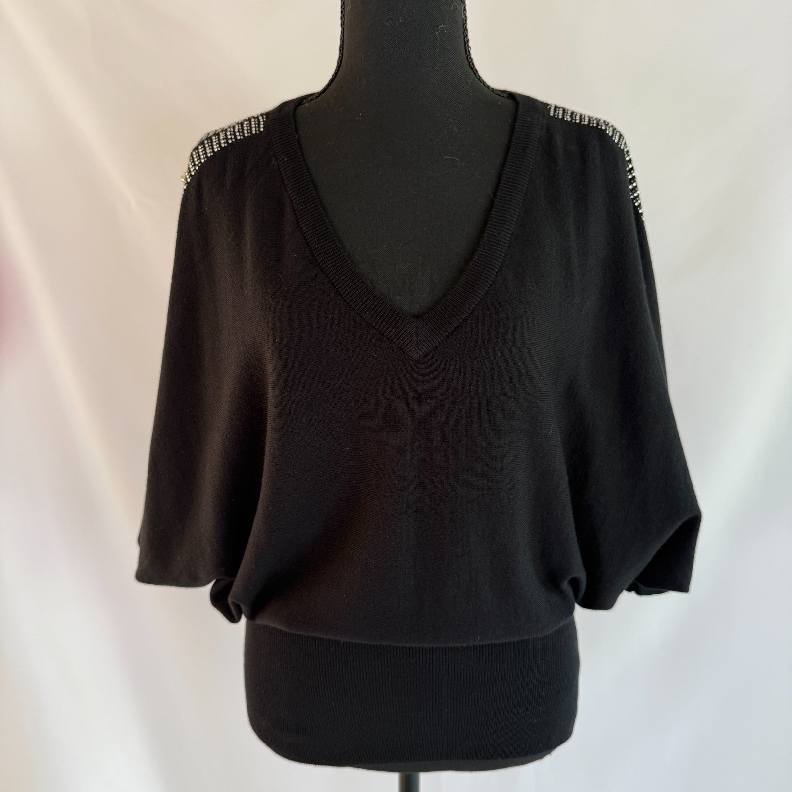 Frank Lyman Black Sweater with Cinched Waist and Silver Embellishments Size L