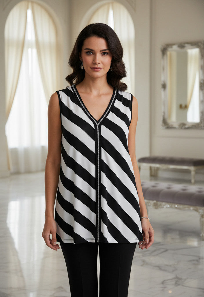 Frank Lyman Sleeveless tunic in black & white stripes with glitter Size 12