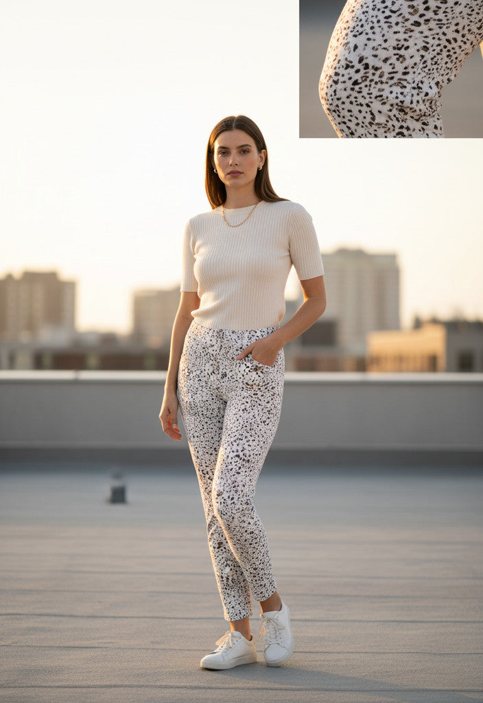 NWT Tribal Speckled Pull On White Brown & Gold Stretch Pants Size 8