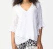 Joseph Ribkoff white chiffon with ruffled sleeves and asymetric hem tunic.