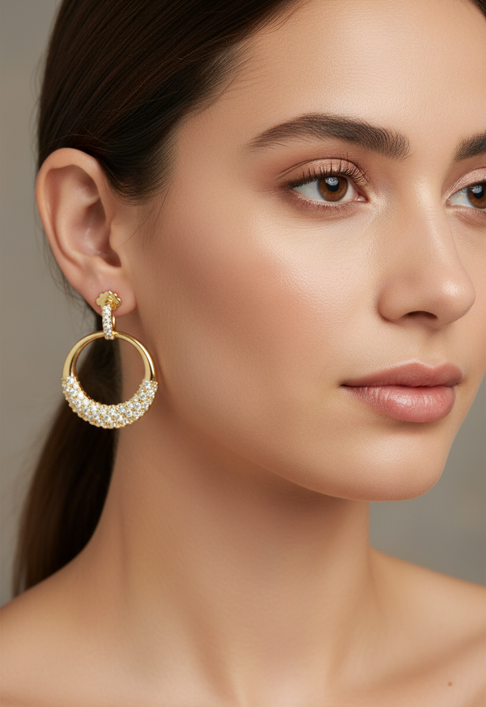 Gold and Crystal Open Circle Drop Earrings