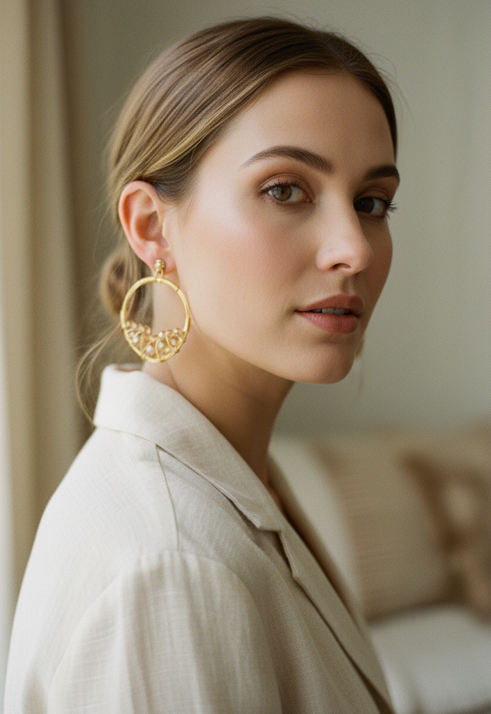 Gold and Gold Crystal Open Circle Drop Earrings