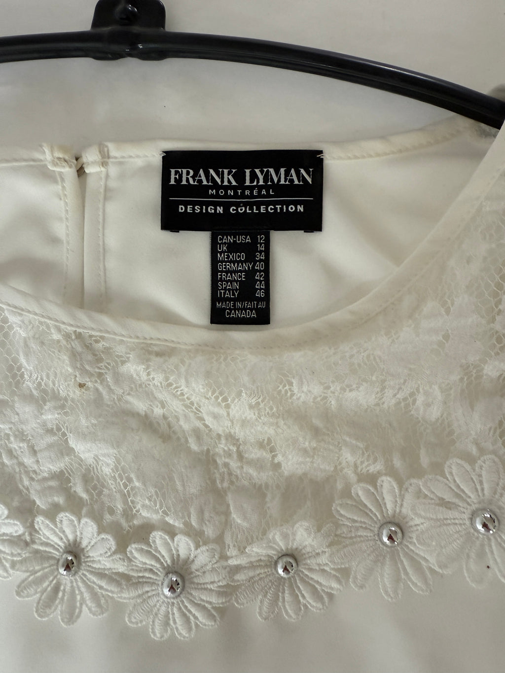 Joseph Ribkoff White Off Shoulder Blouse with Flower and Rhinestone Embellishments Size 12