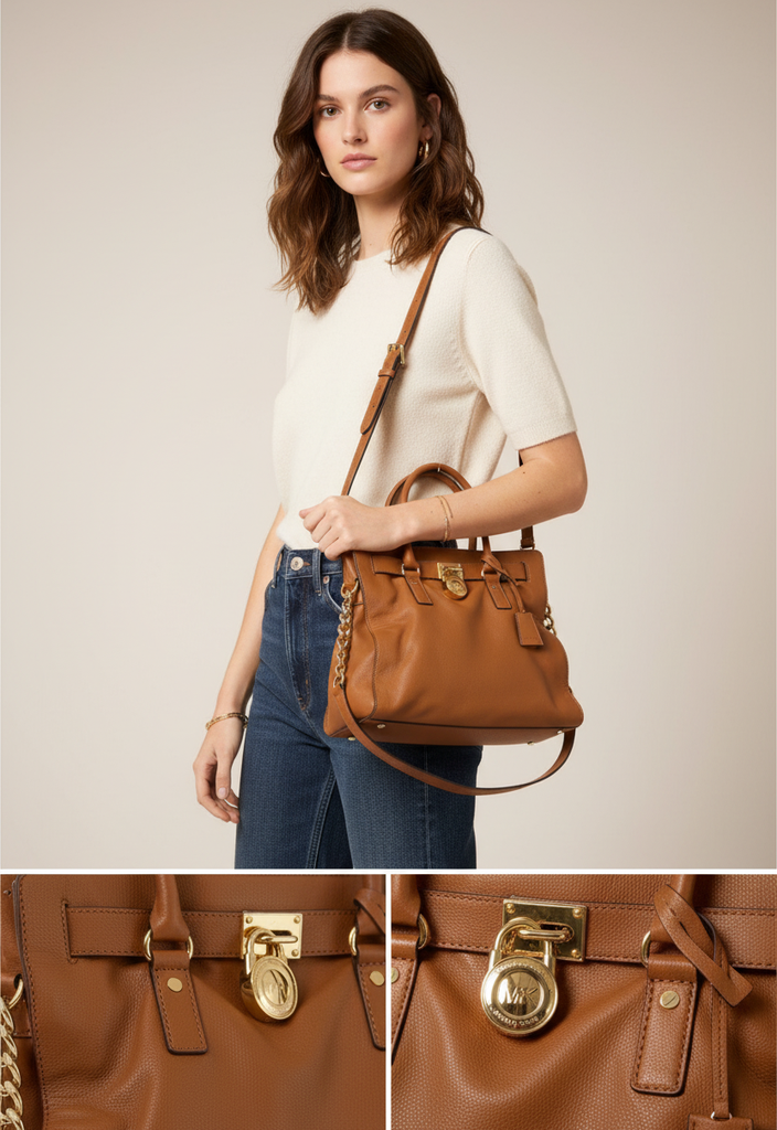 MICHAEL KORS AUBURN LEATHER HAMILTON BAG WITH GOLD LOCK CHAIN MAGNETIC CLOSURE