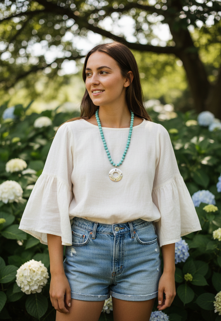 Simon Sebbag Turquoise Beads with Silver Pendant