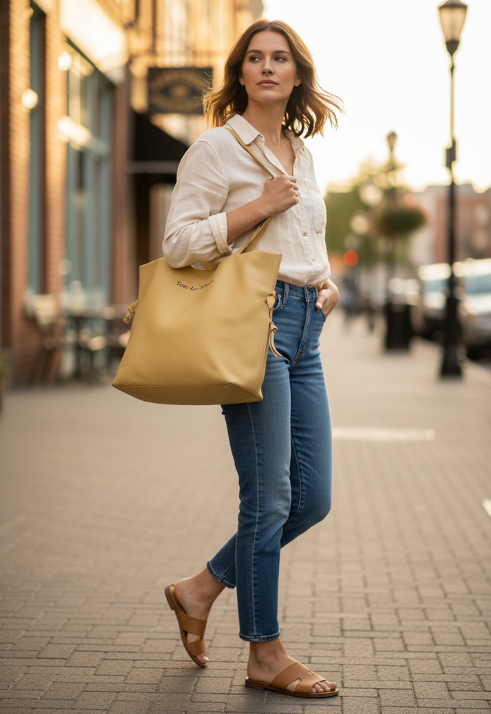 TOTE LE MONDE Gold Pebbled Leather Shoulder Tote Purse Bag