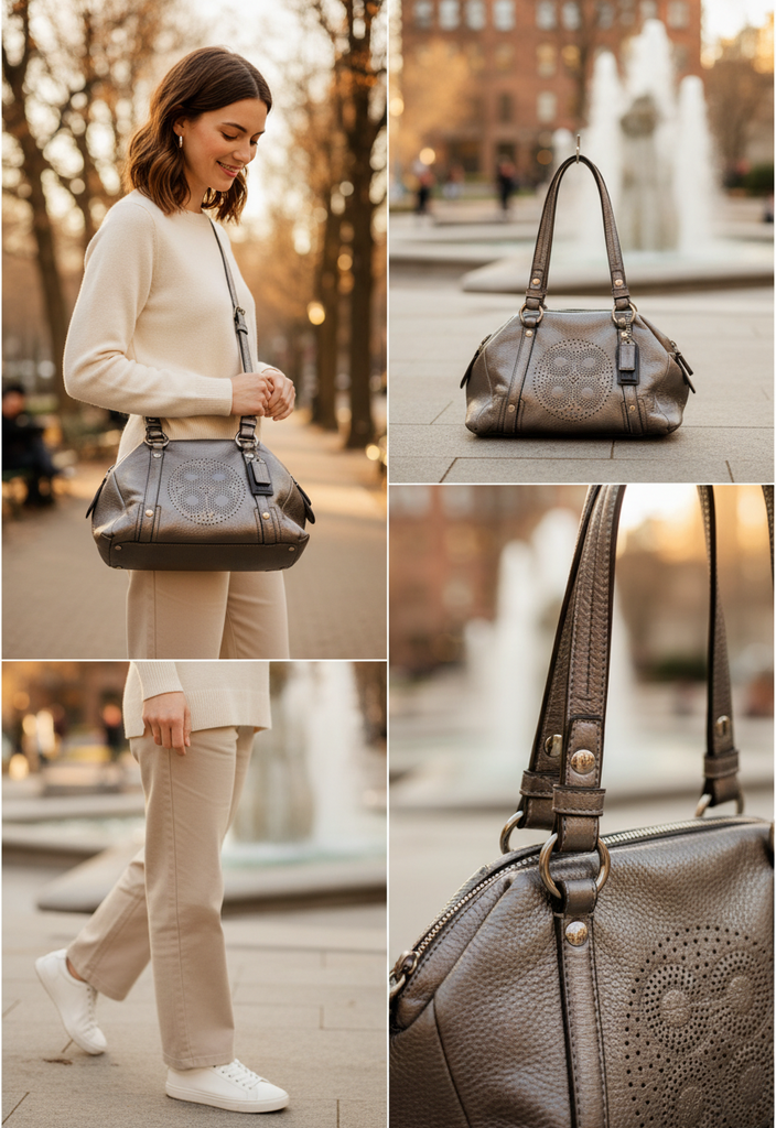 Coach Gunmetal Grey Metallic Pebble Leather Small Shoulder Bag